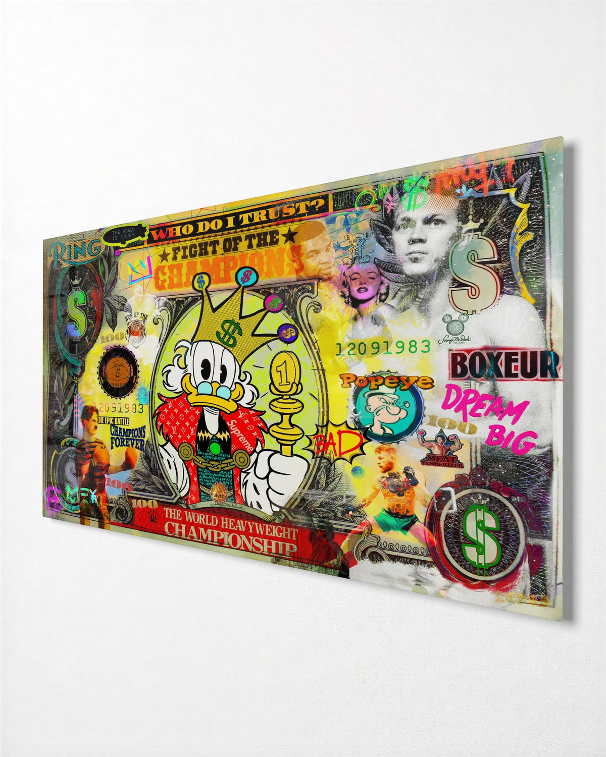 Championship of Cash glass wall art, side view