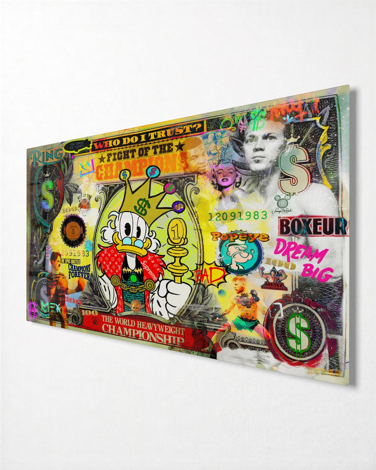 Championship of Cash glass wall art, side view