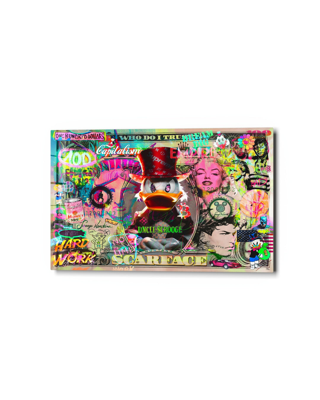 Duck in a Top Hat Collage glass wall art, studio view