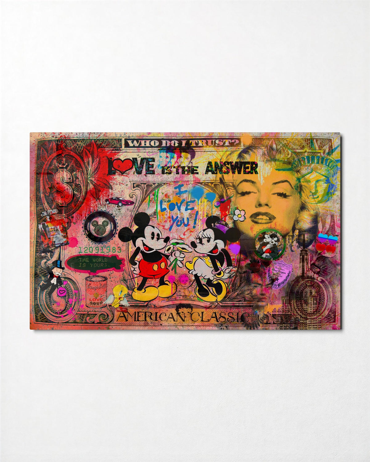 Cartoon Mice in Love Collage glass wall art, front view
