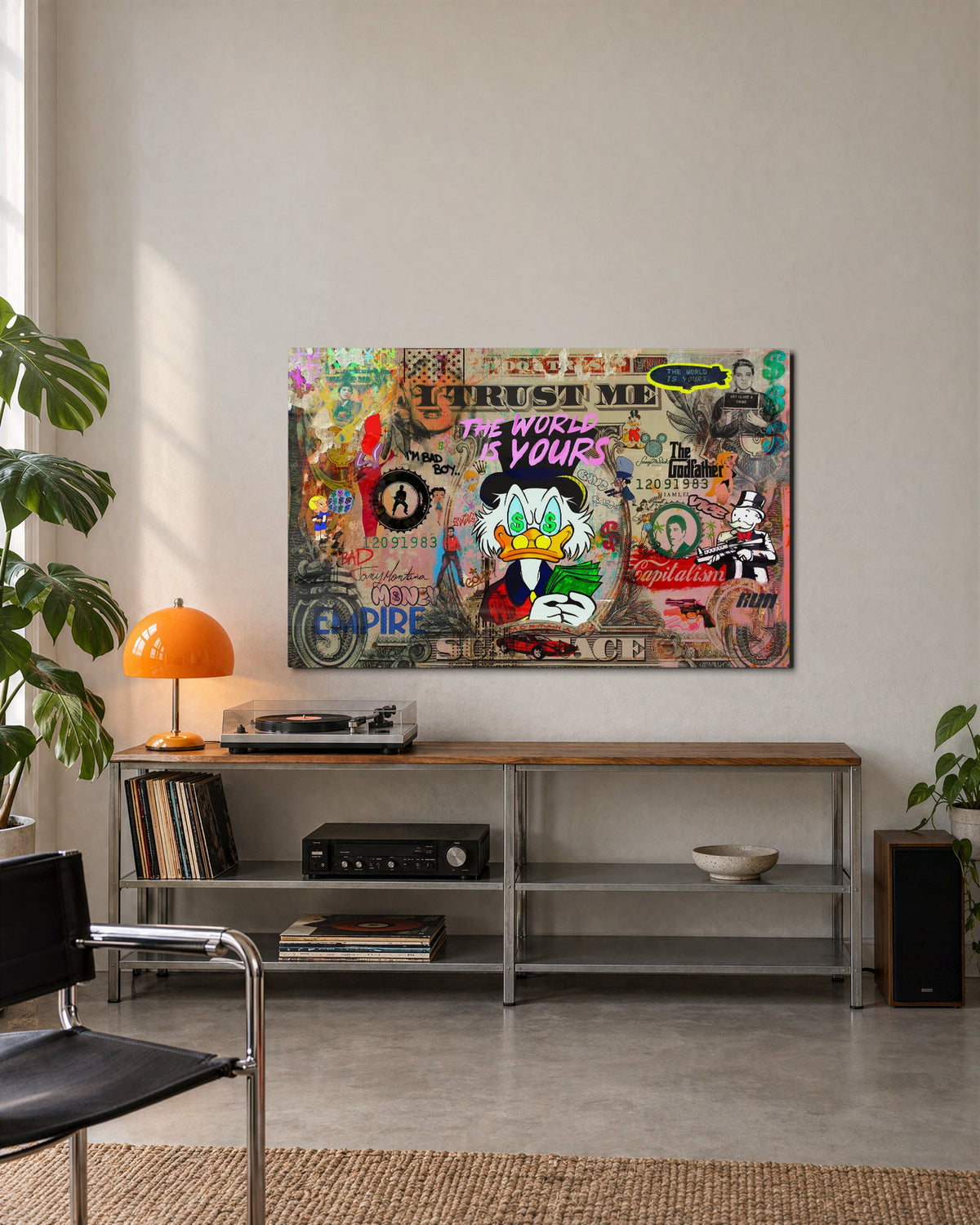 Duck on a Dollar Collage glass wall art, lifestyle view
