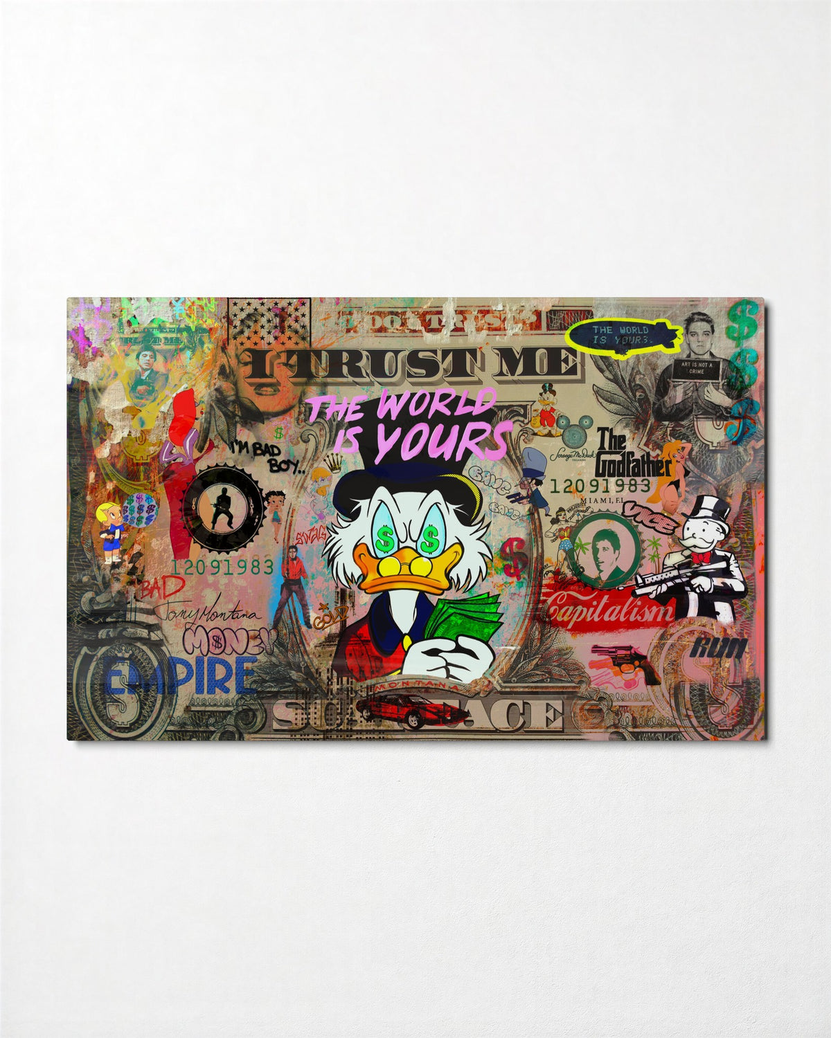 Duck on a Dollar Collage glass wall art, front view