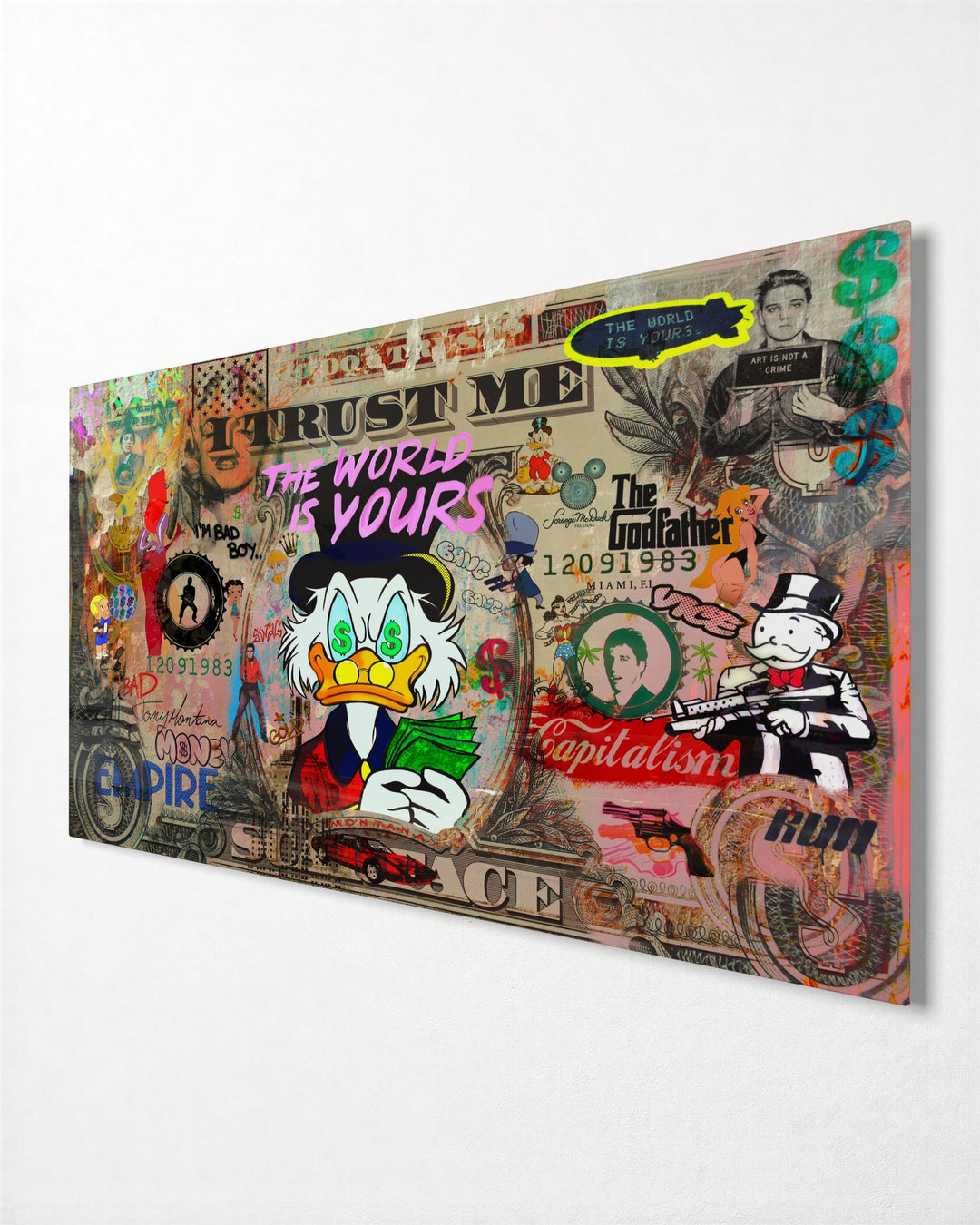 Duck on a Dollar Collage glass wall art, side view