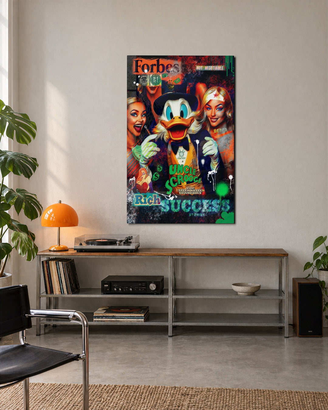 Rich Duck Magazine Cover glass wall art, lifestyle view