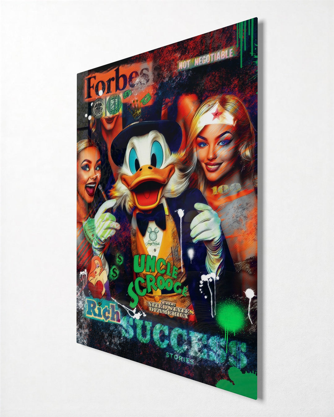 Rich Duck Magazine Cover glass wall art, side view