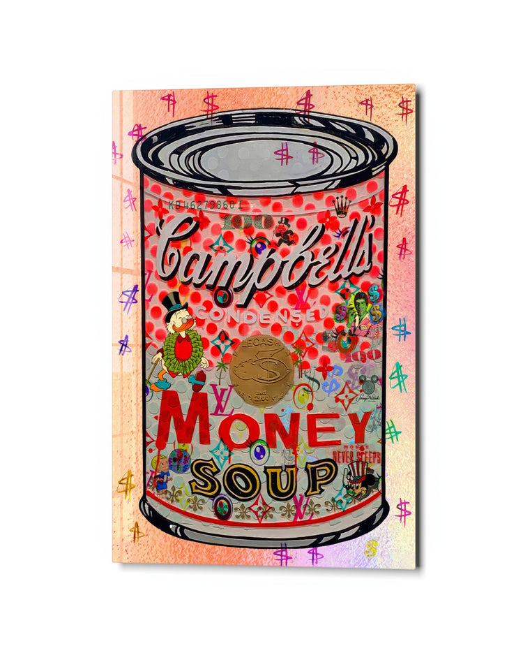 Money Soup Can glass wall art, studio view