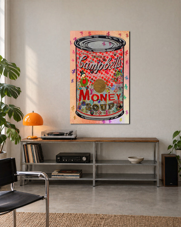 Money Soup Can glass wall art, lifestyle view