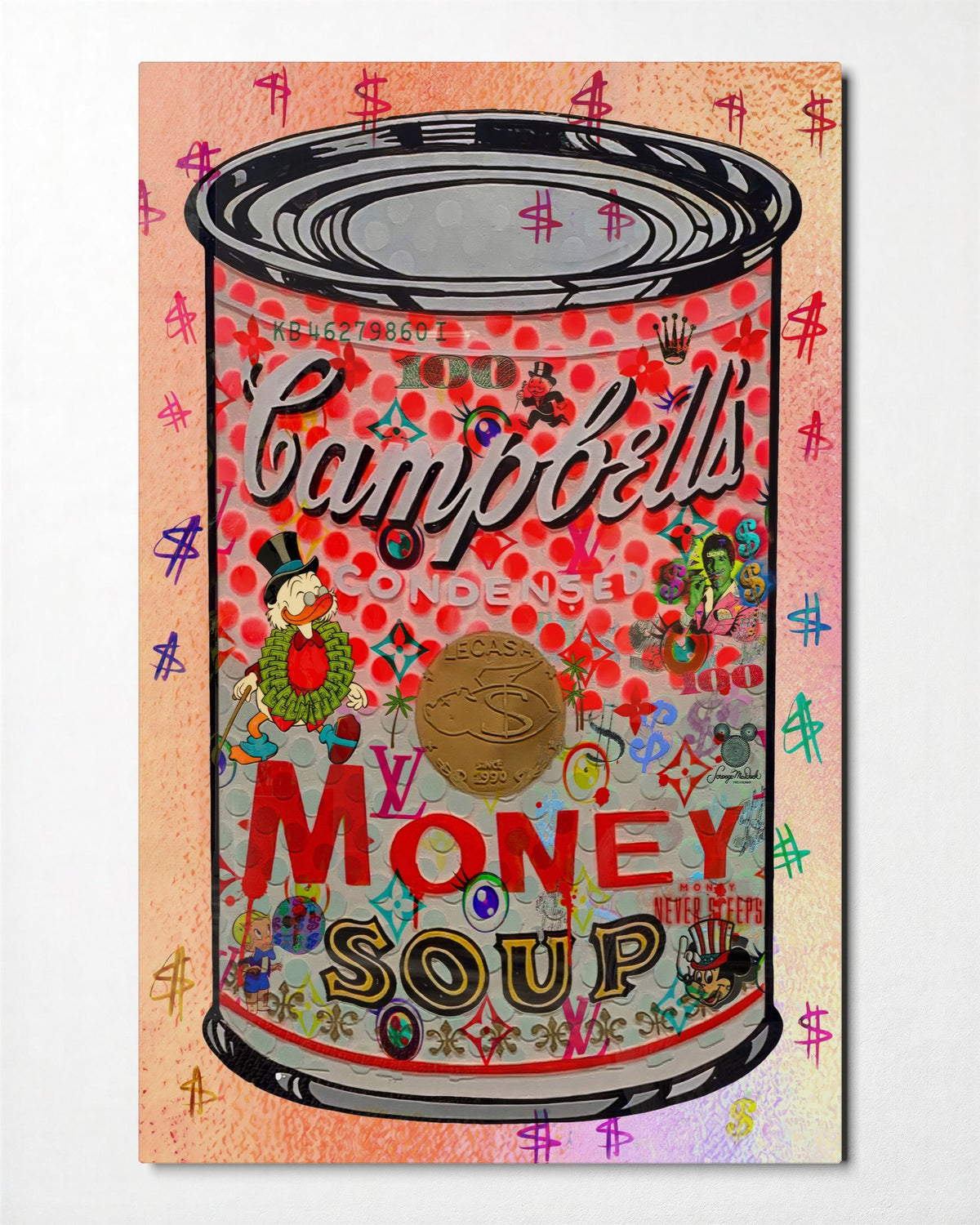 Money Soup Can glass wall art, front view