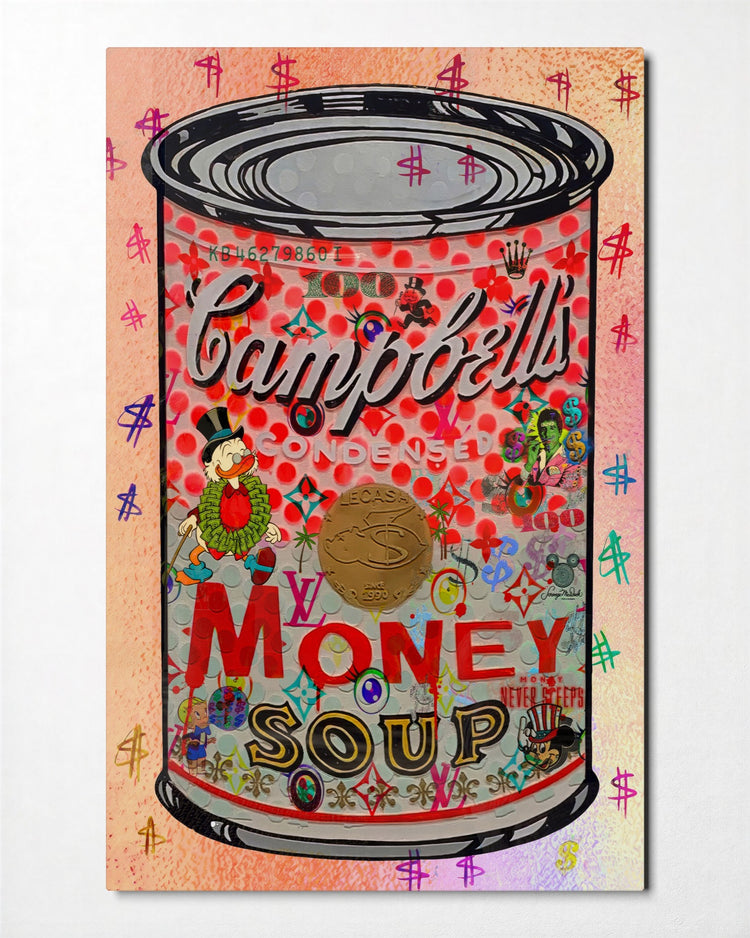 Money Soup Can glass wall art, front view