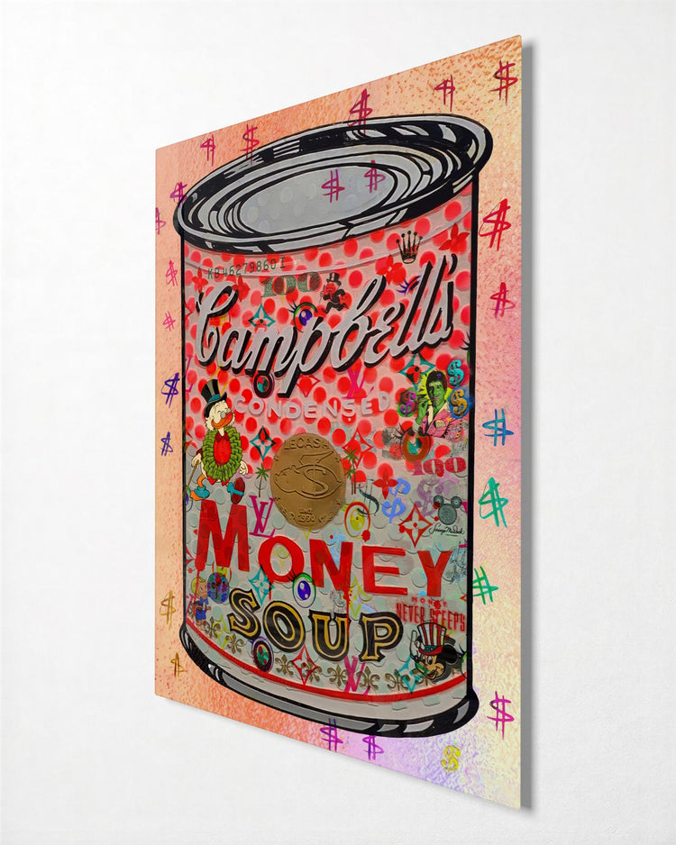 Money Soup Can glass wall art, side view