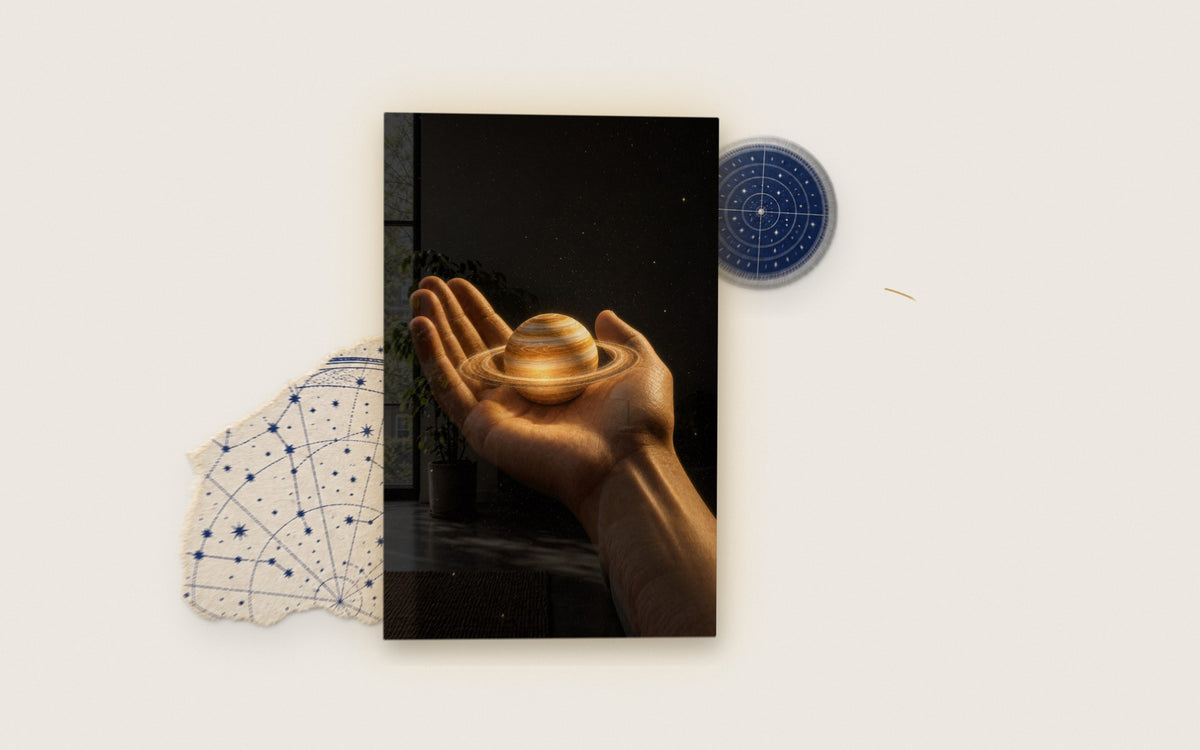 Saturn in the Palm glass wall art with a star chart and a museum label
