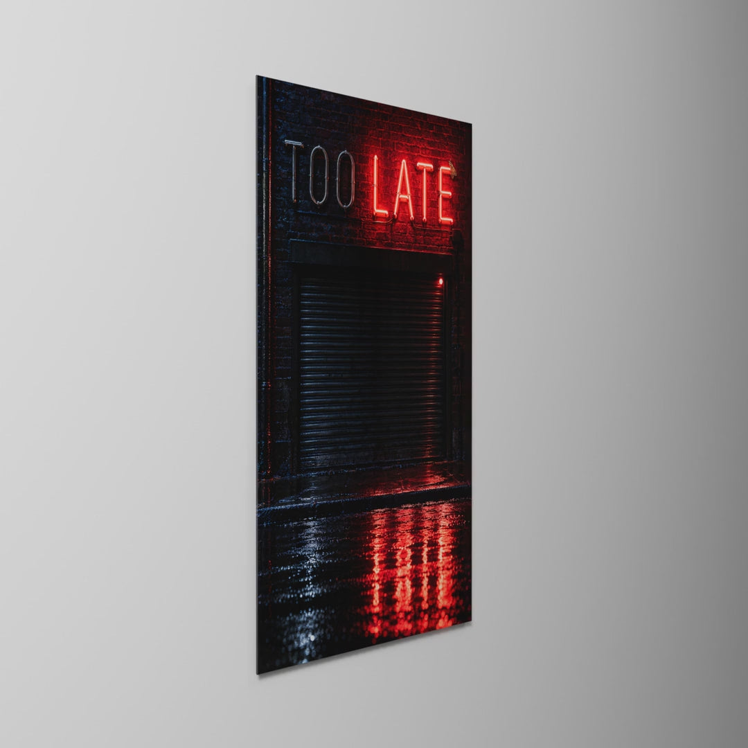 Closed Shutter, Red Word, glass wall art on a wall, light moving across the glass
