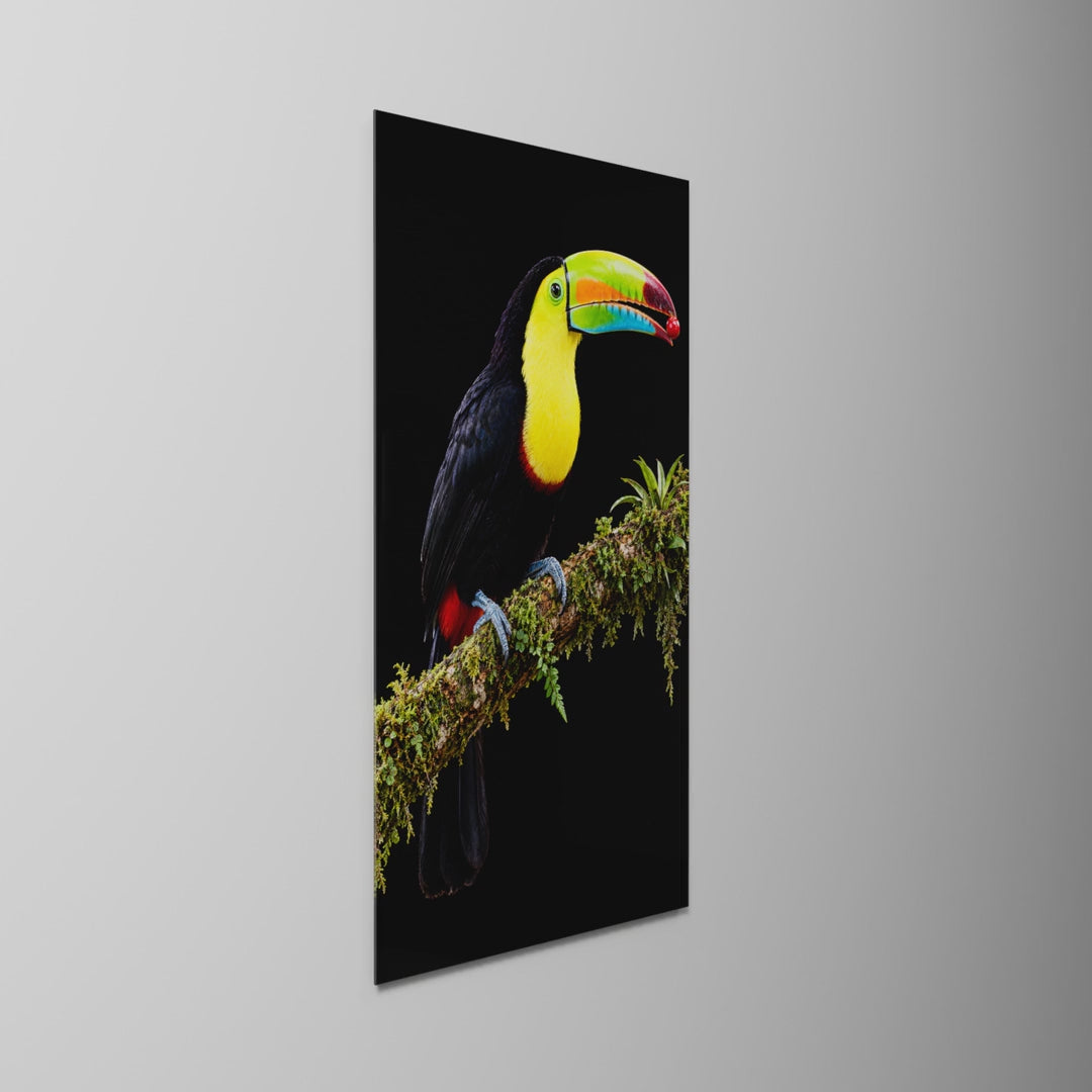 Rainbow Beak, Red Berry, glass wall art on a wall, light moving across the glass