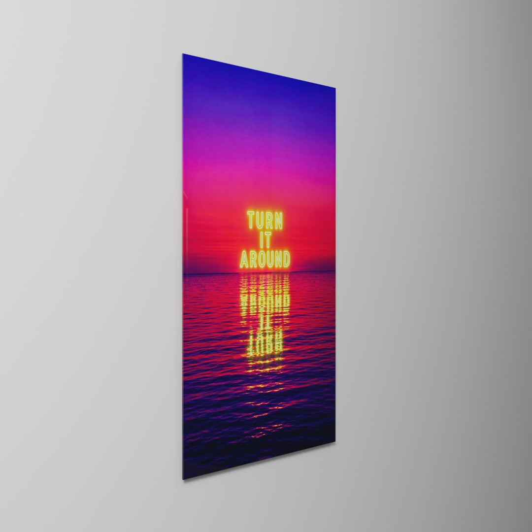 Words on Pink Water, glass wall art on a wall, light moving across the glass