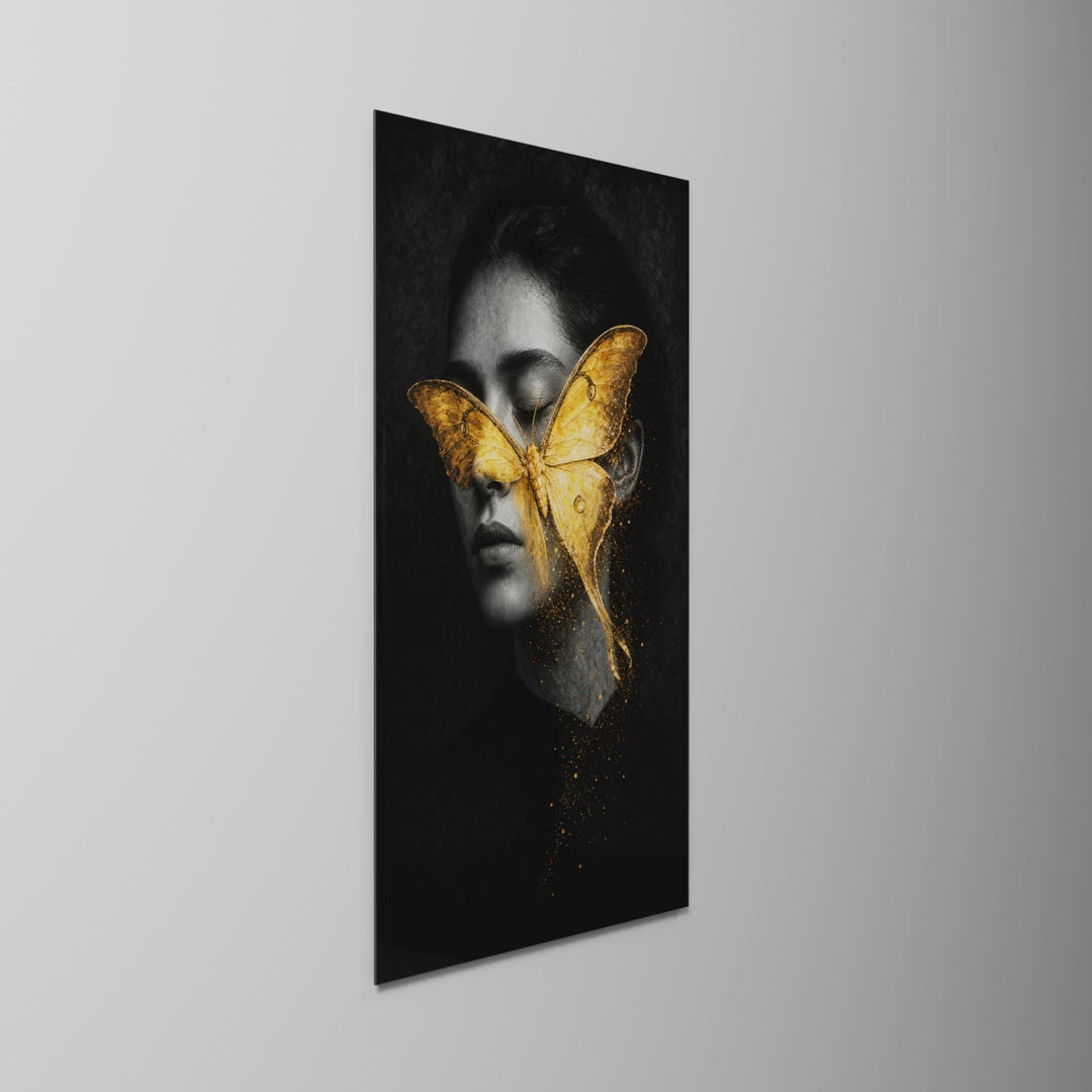 Gold Mask, glass wall art on a wall, light moving across the glass