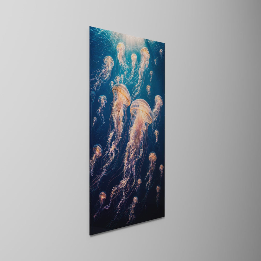 Glow Drifters at Depth, glass wall art on a wall, light moving across the glass