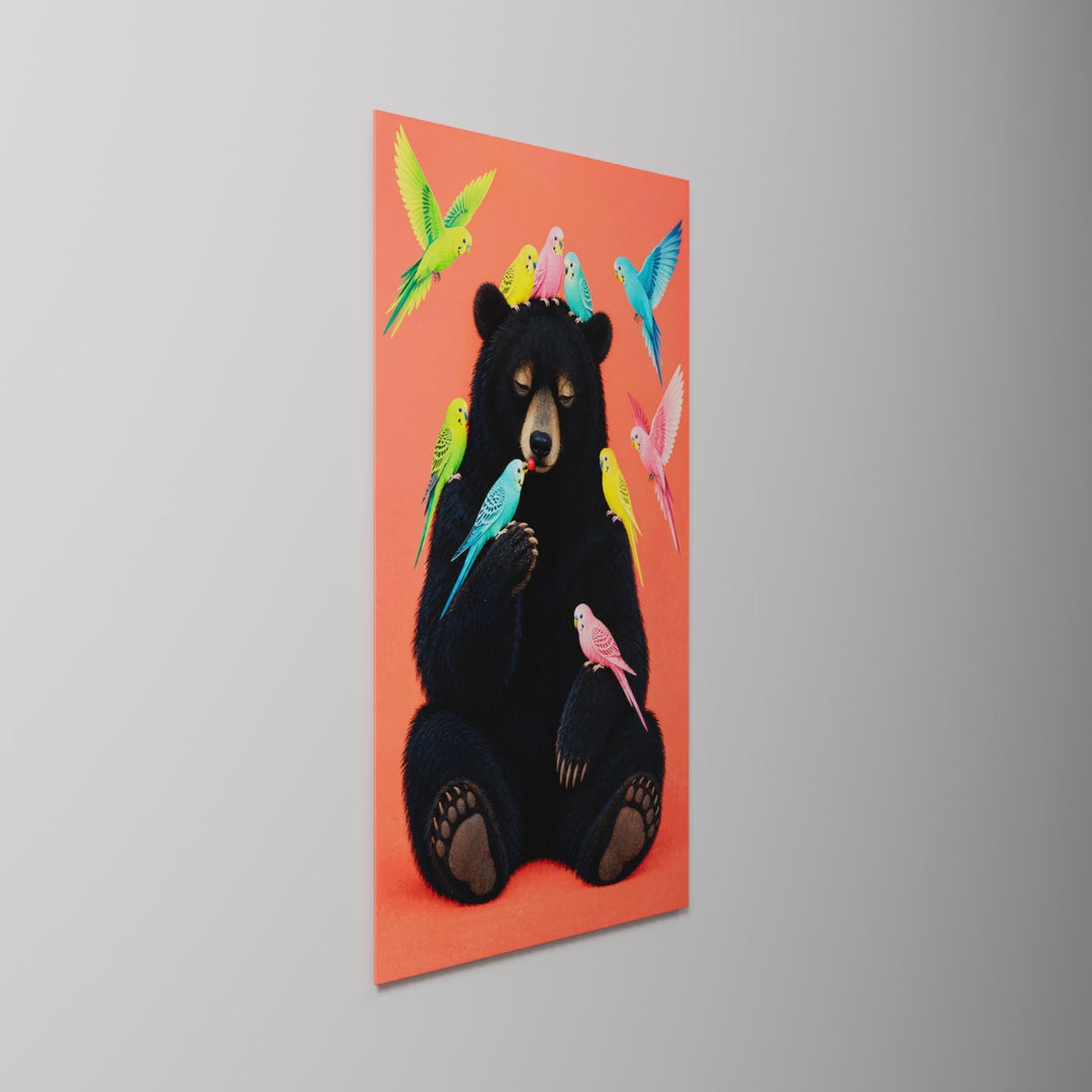 Dark Fur, Bright Parrots, glass wall art on a wall, light moving across the glass