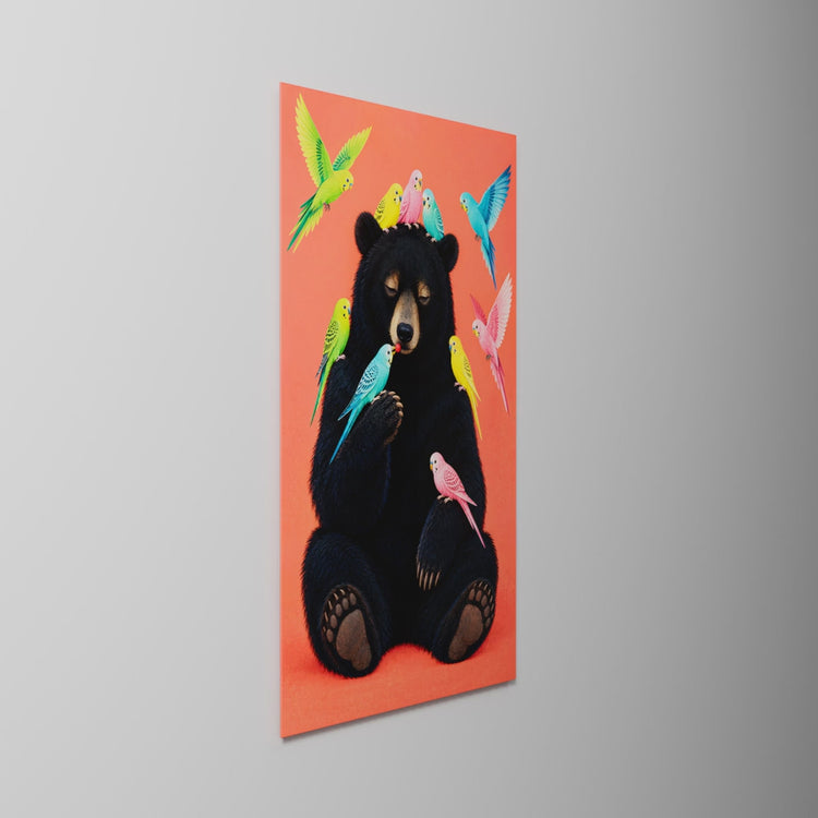 Dark Fur, Bright Parrots, glass wall art on a wall, light moving across the glass