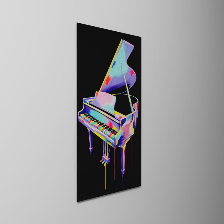 Grand Piano, Patchwork, glass wall art on a wall, light moving across the glass