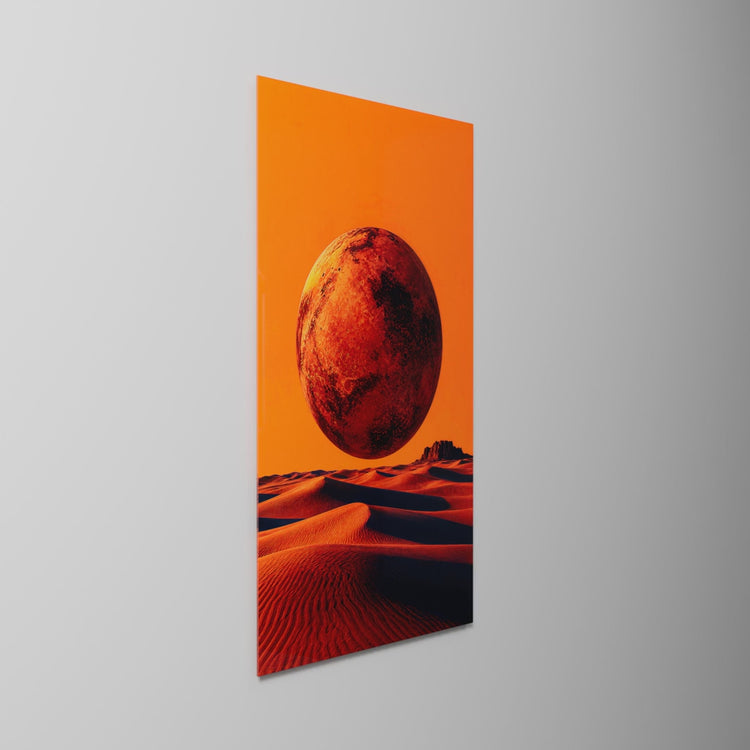 Rust Moon Above Sand, glass wall art on a wall, light moving across the glass