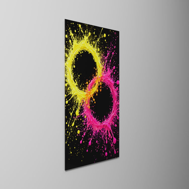 Twin Halos, glass wall art on a wall, light moving across the glass