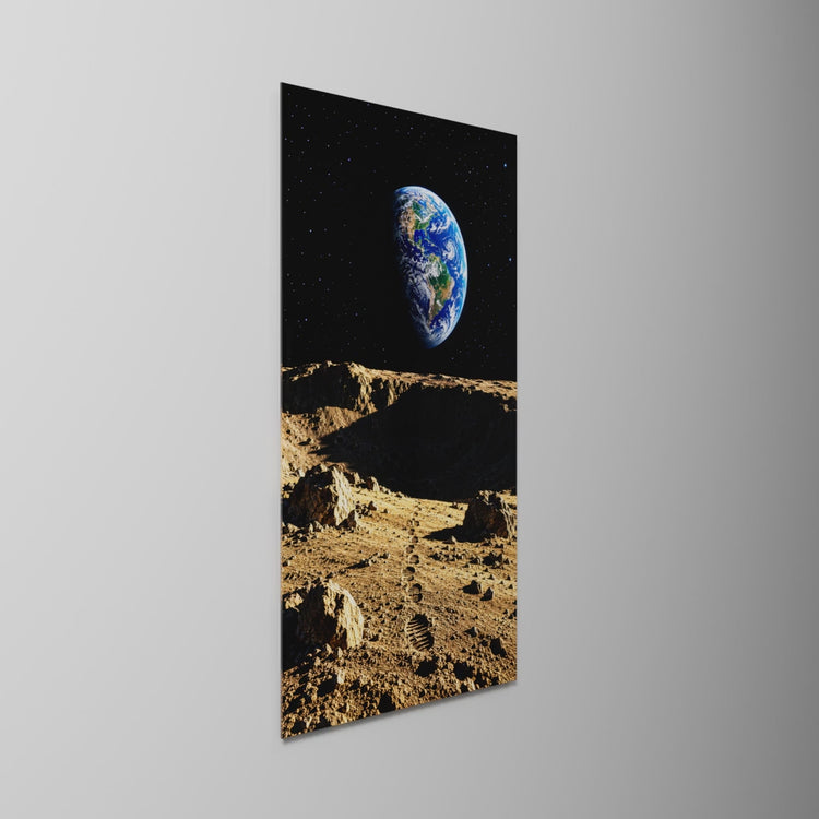 Footprints, Moon Dust, glass wall art on a wall, light moving across the glass