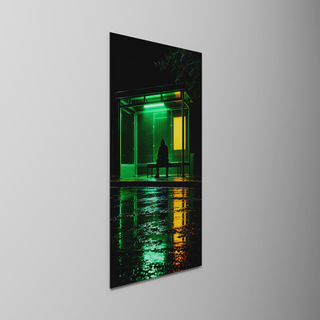 Shelter in Green Glow, glass wall art on a wall, light moving across the glass