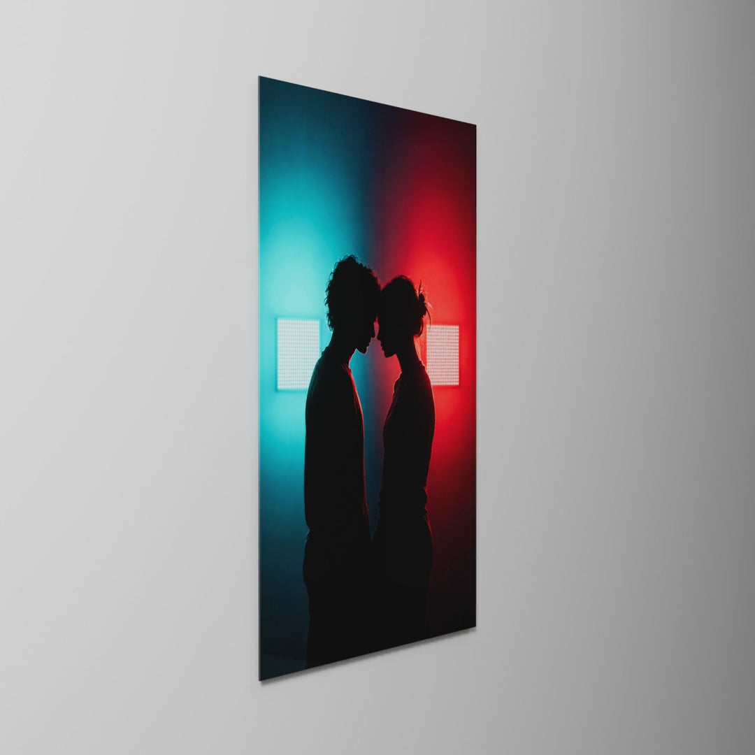 Forehead to Forehead, glass wall art on a wall, light moving across the glass