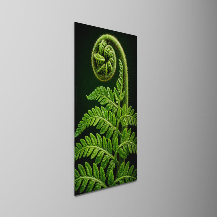 Fiddlehead Mid-Curl, glass wall art on a wall, light moving across the glass