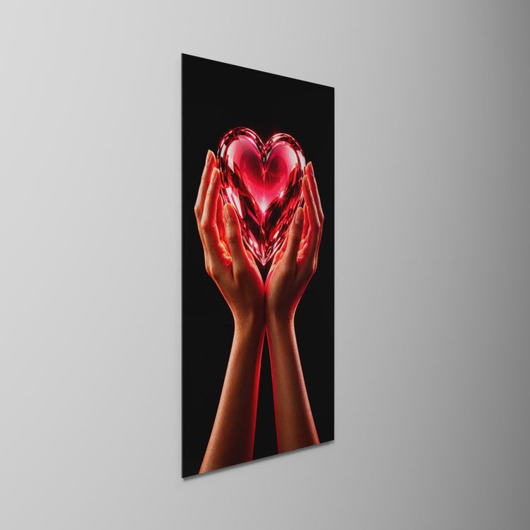 Held Gem, Red Glow, glass wall art on a wall, light moving across the glass
