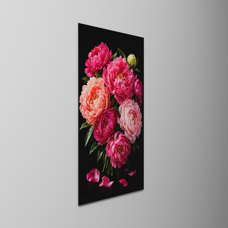 Dark Garden, Bright Bouquet, glass wall art on a wall, light moving across the glass