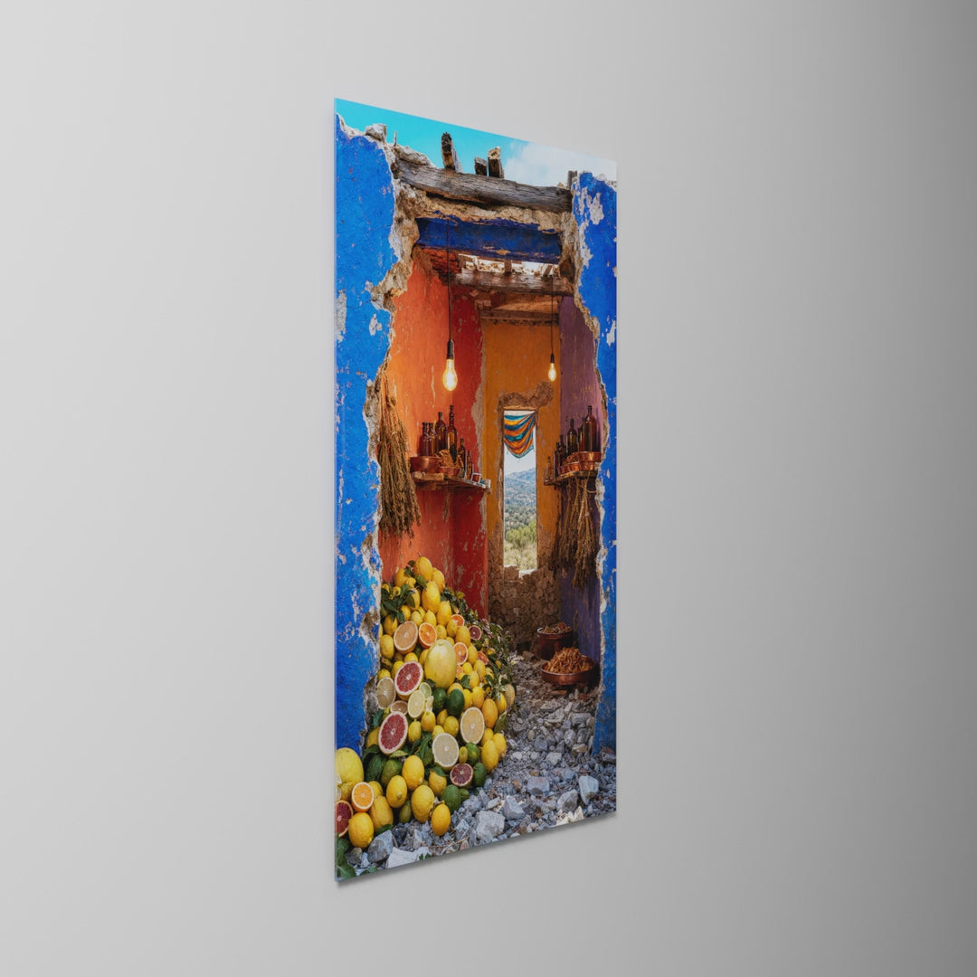 The Open Blue Gateway, glass wall art on a wall, light moving across the glass