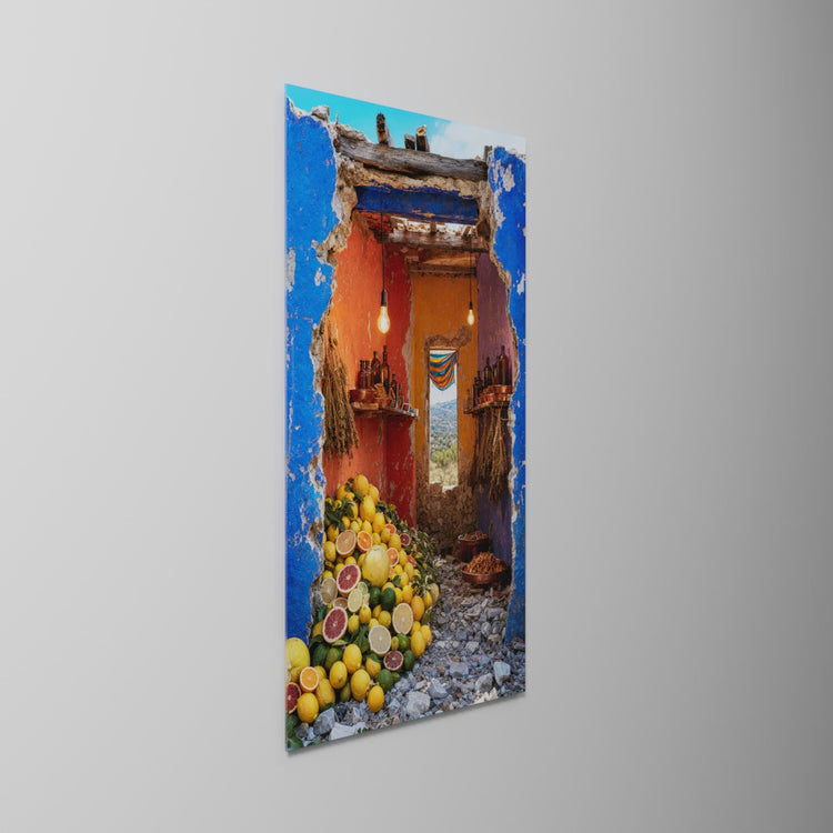 The Open Blue Gateway, glass wall art on a wall, light moving across the glass