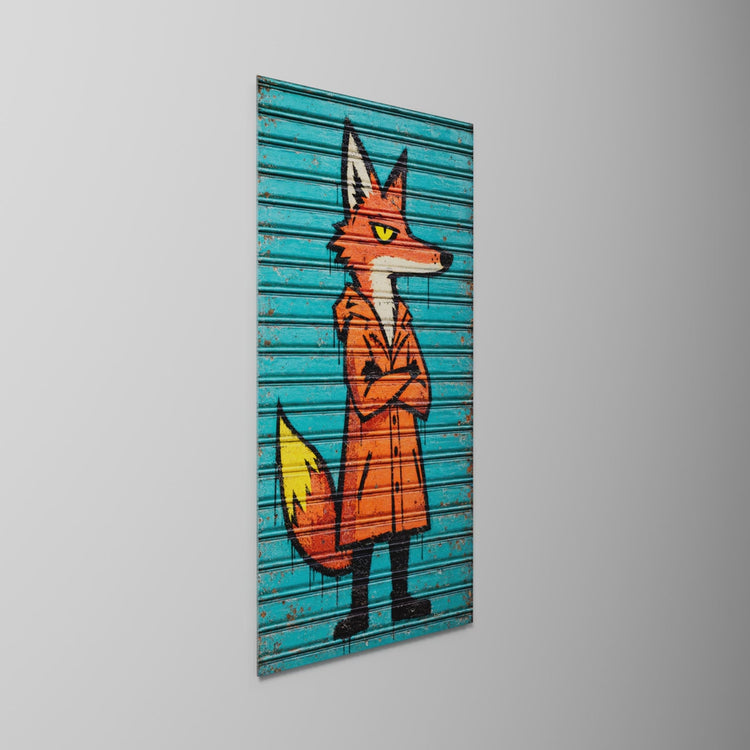 Arms Crossed, Tail Down, glass wall art on a wall, light moving across the glass