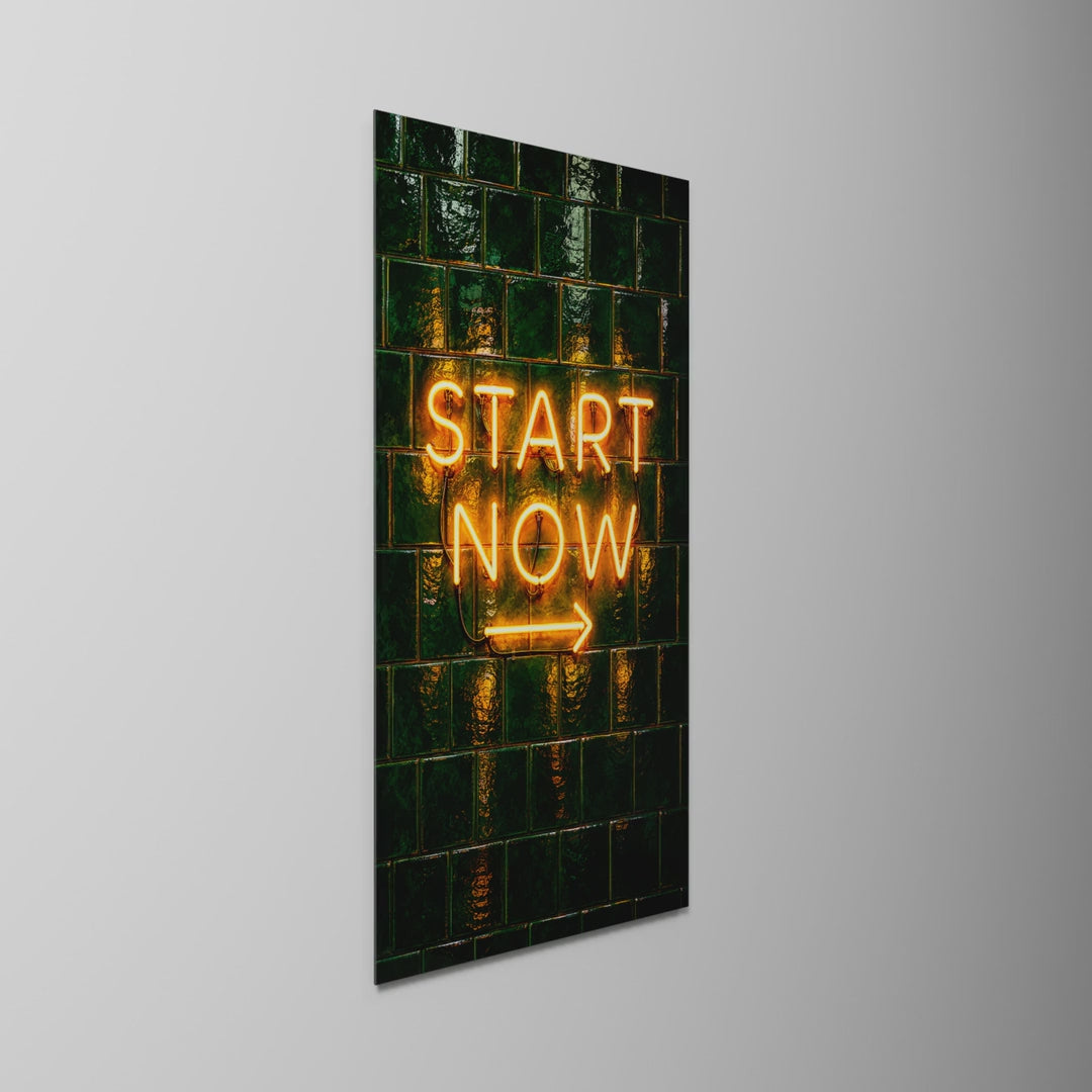 Orange Neon, Green Tiles, glass wall art on a wall, light moving across the glass