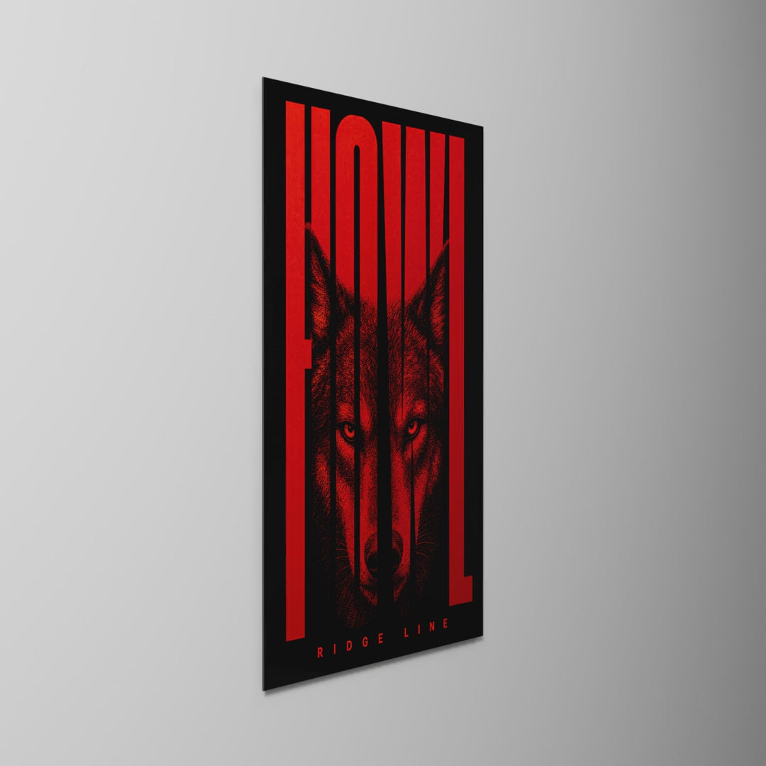 Wolf in Red Type, glass wall art on a wall, light moving across the glass