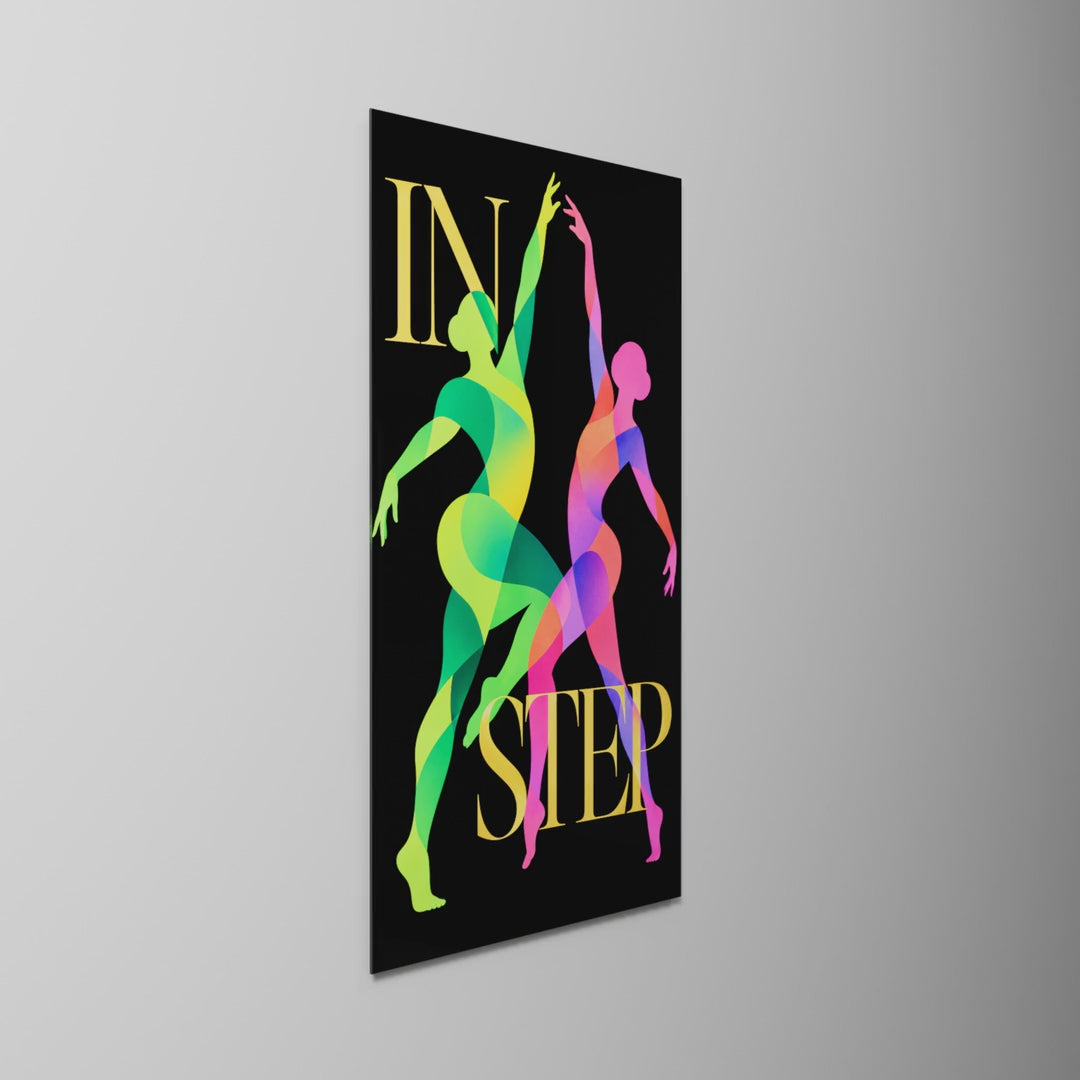 Two Dancers, Matched Strides, glass wall art on a wall, light moving across the glass