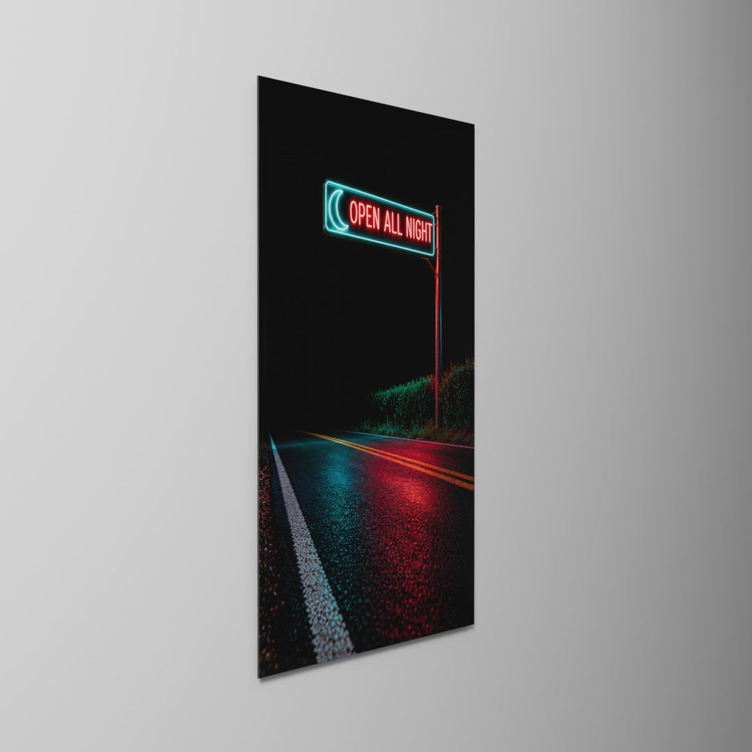 Neon on Wet Asphalt, glass wall art on a wall, light moving across the glass