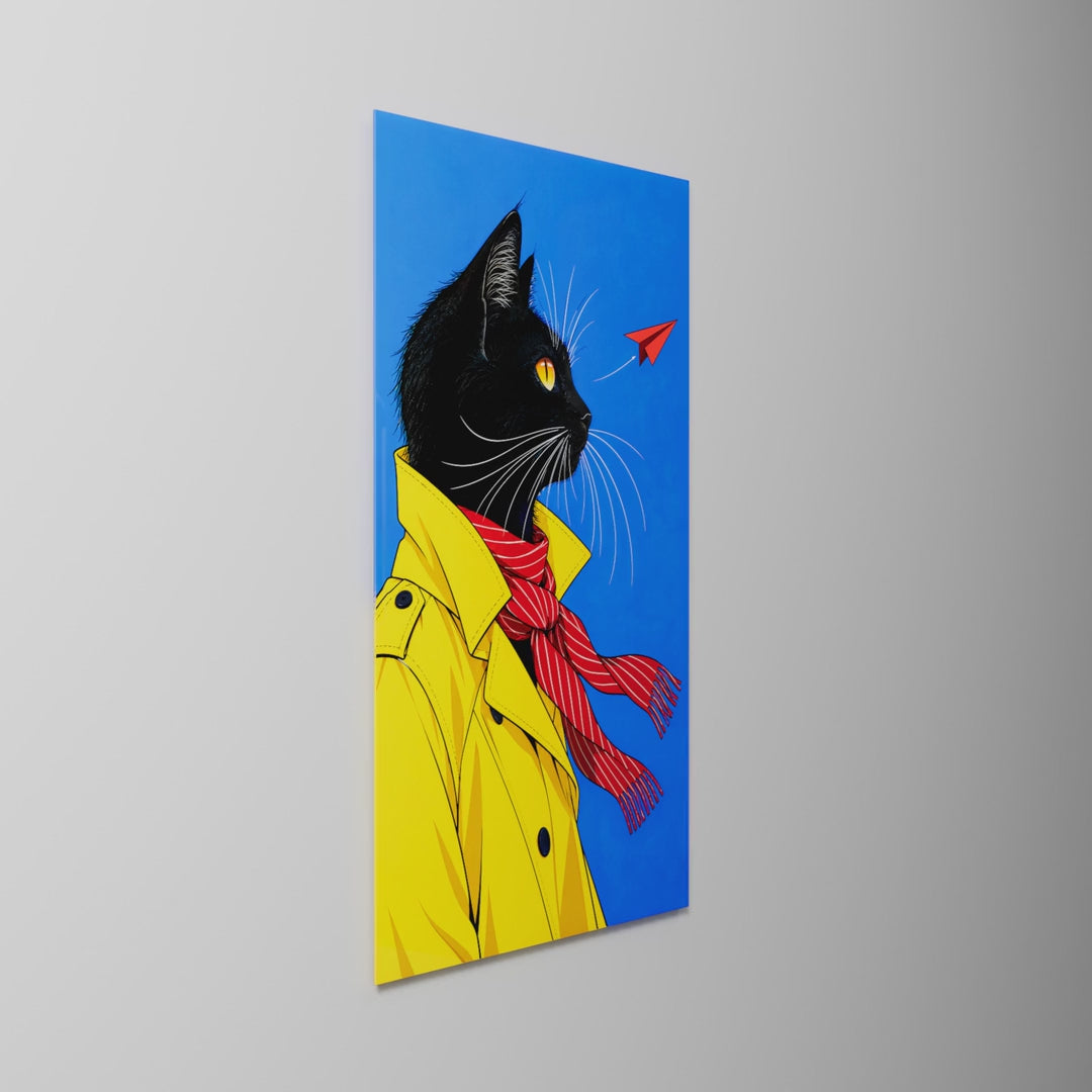 Cat in a Mustard Coat, glass wall art on a wall, light moving across the glass
