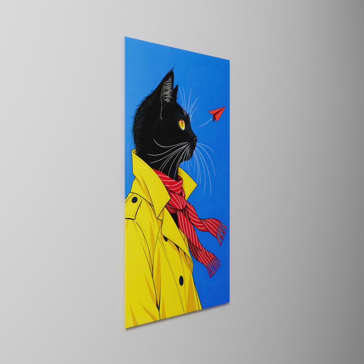 Cat in a Mustard Coat, glass wall art on a wall, light moving across the glass