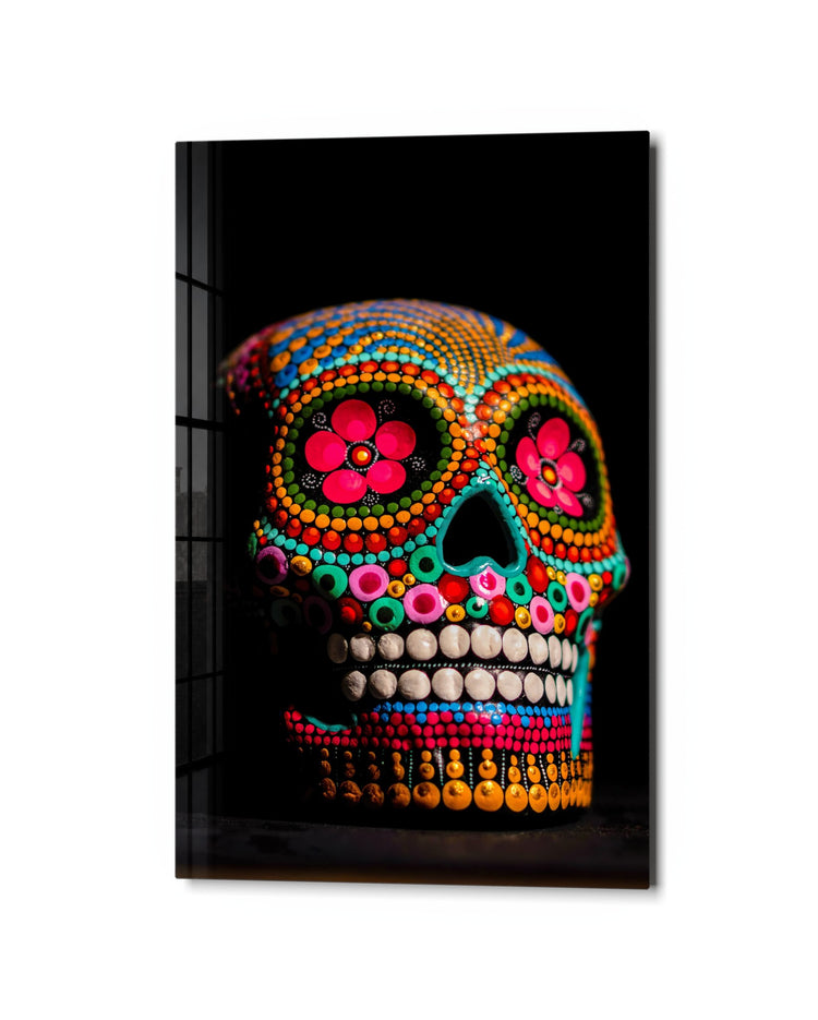 Dotted Sugar Skull glass wall art, studio view
