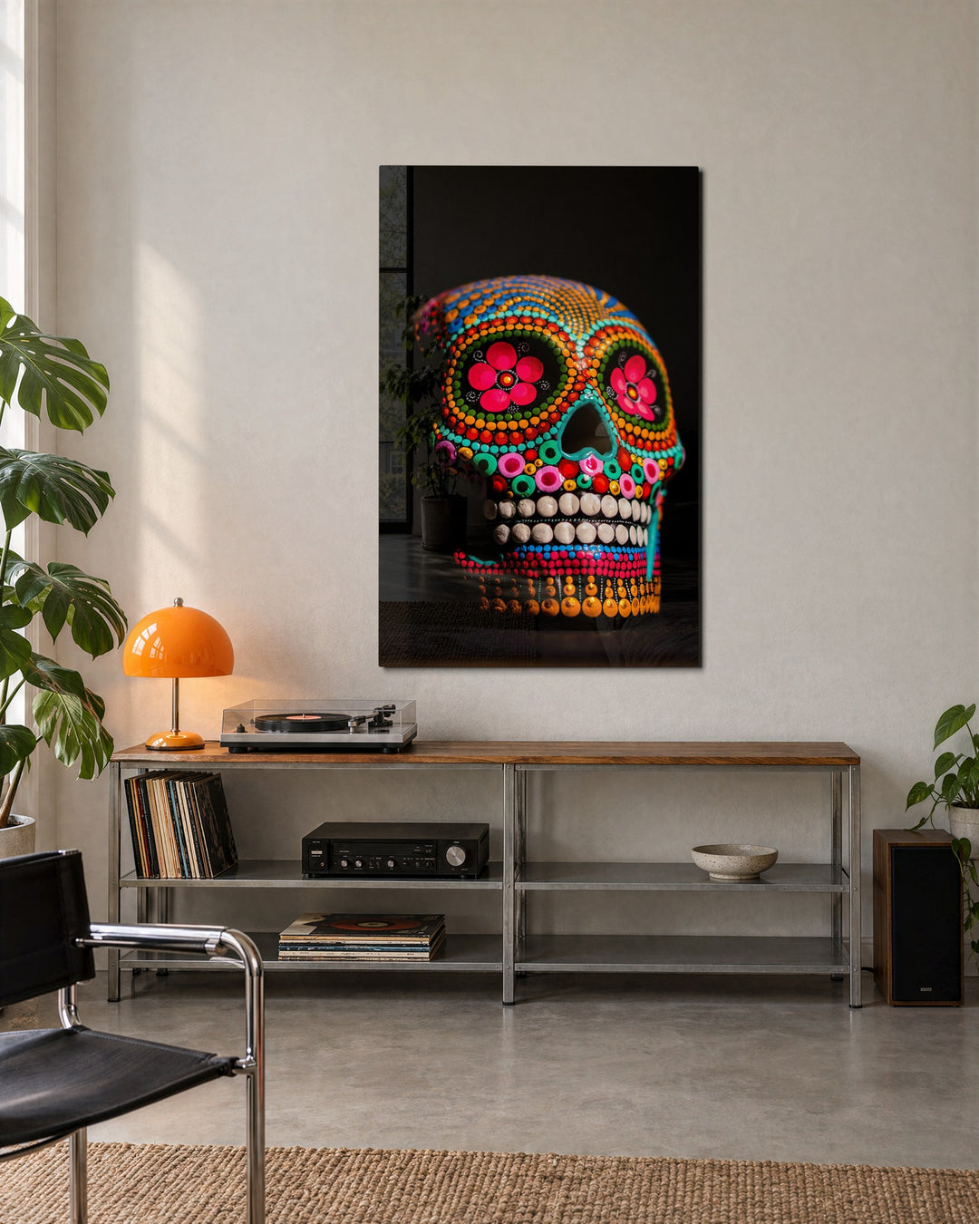 Dotted Sugar Skull glass wall art, lifestyle view