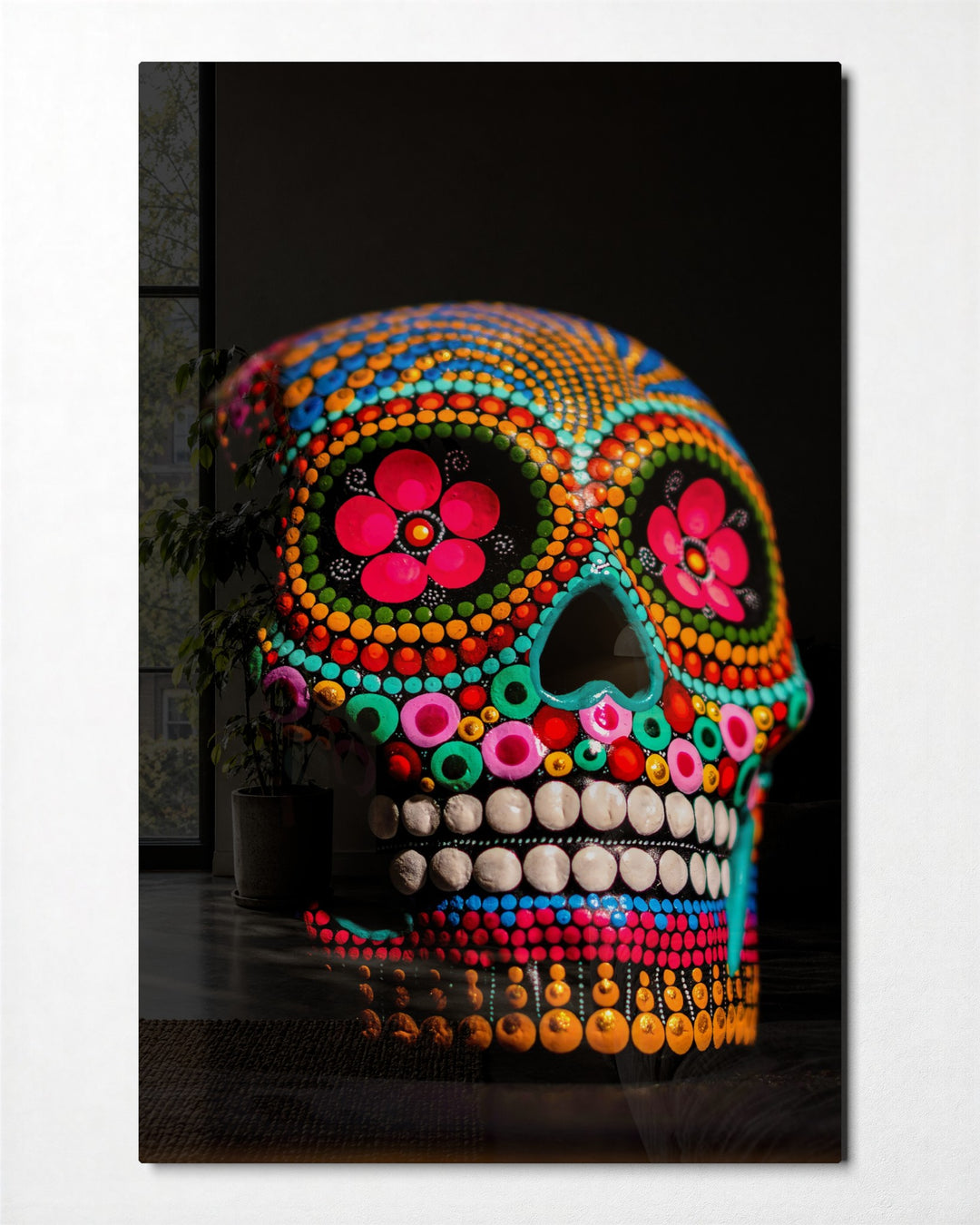 Dotted Sugar Skull glass wall art, front view