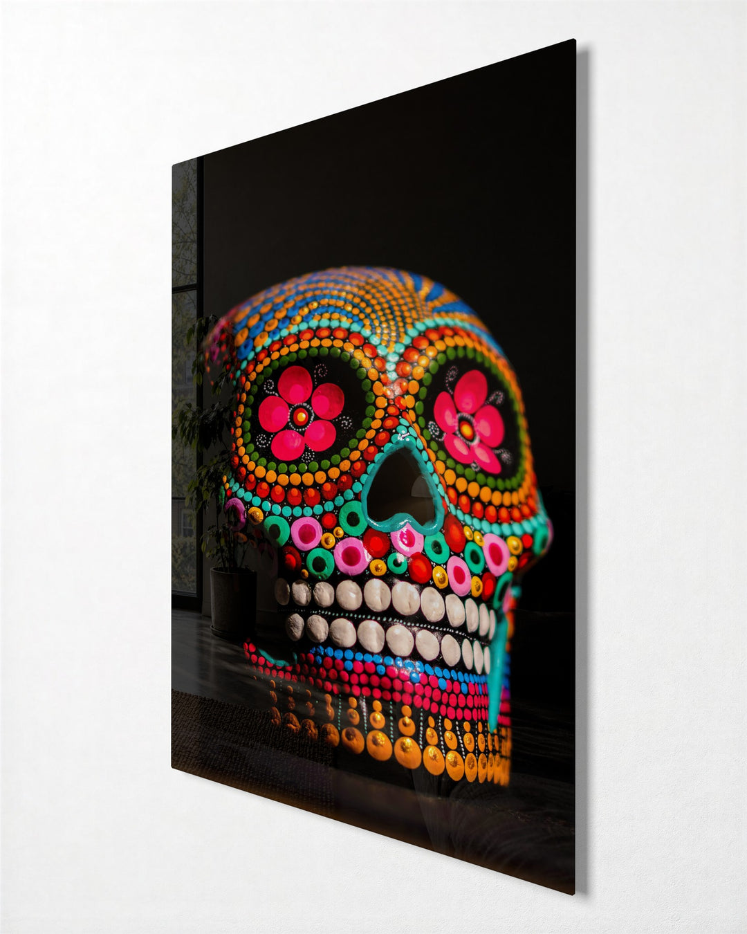 Dotted Sugar Skull glass wall art, side view