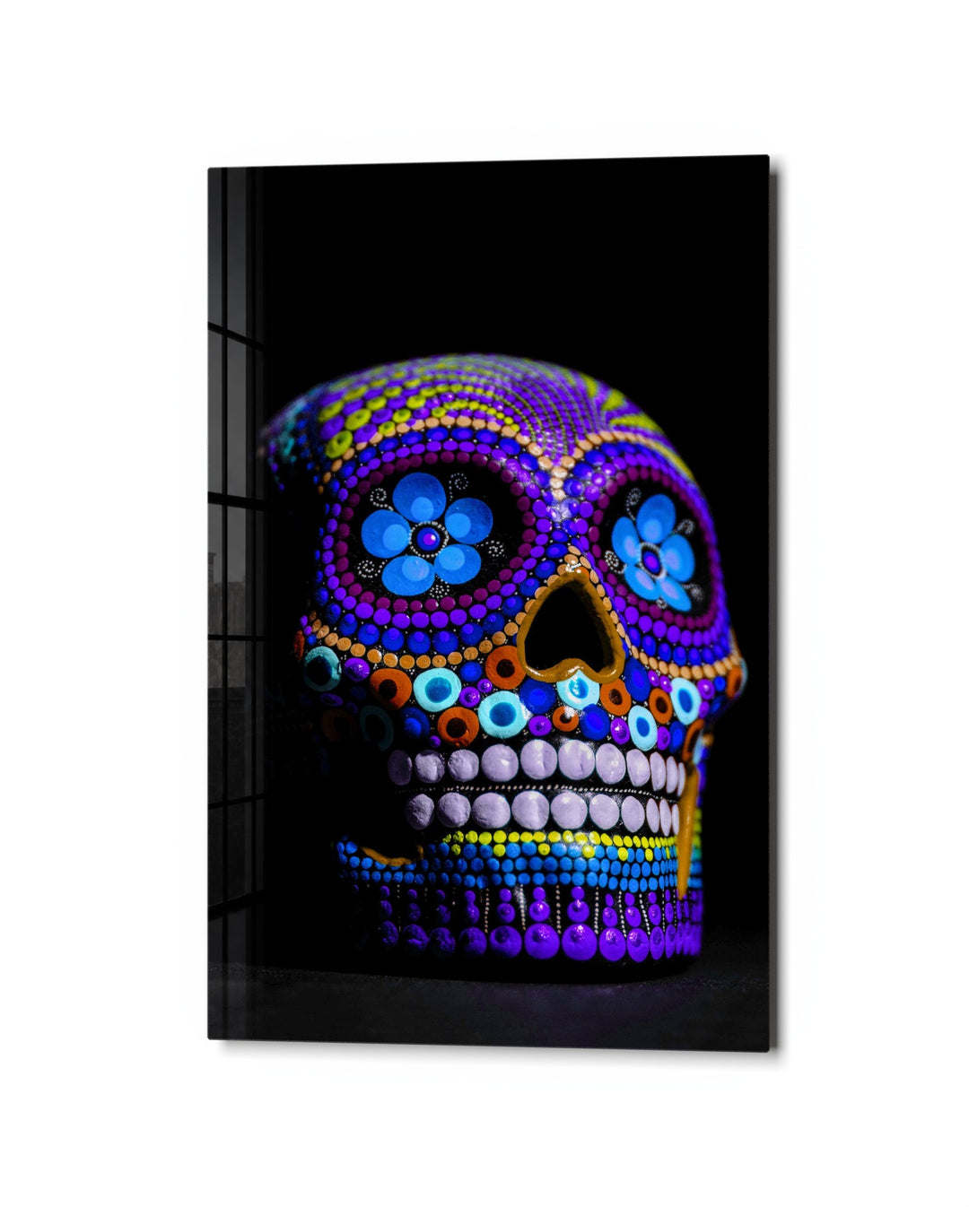 Beaded Sugar Skull glass wall art, studio view