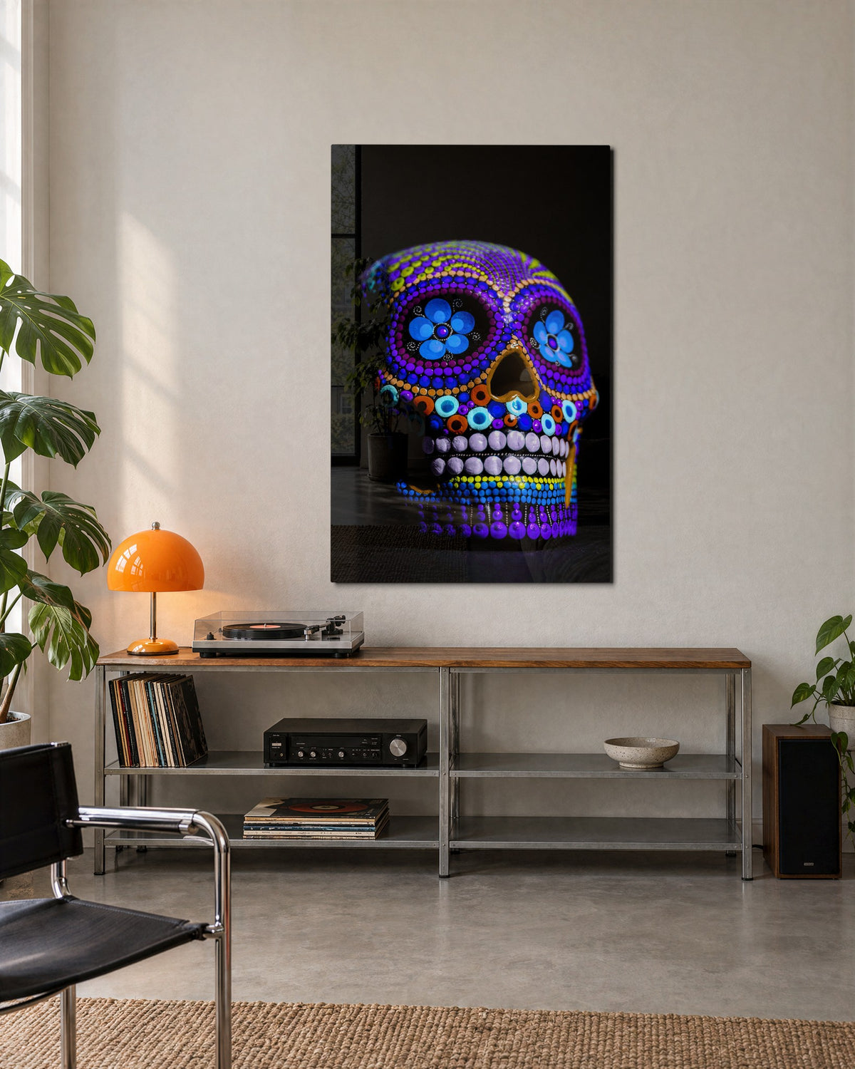 Beaded Sugar Skull glass wall art, lifestyle view