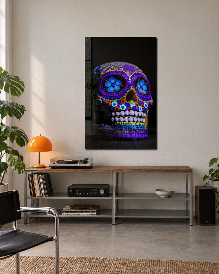 Beaded Sugar Skull glass wall art, lifestyle view
