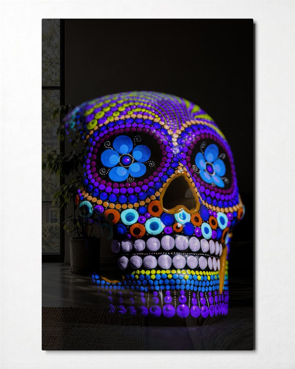 Beaded Sugar Skull glass wall art, front view