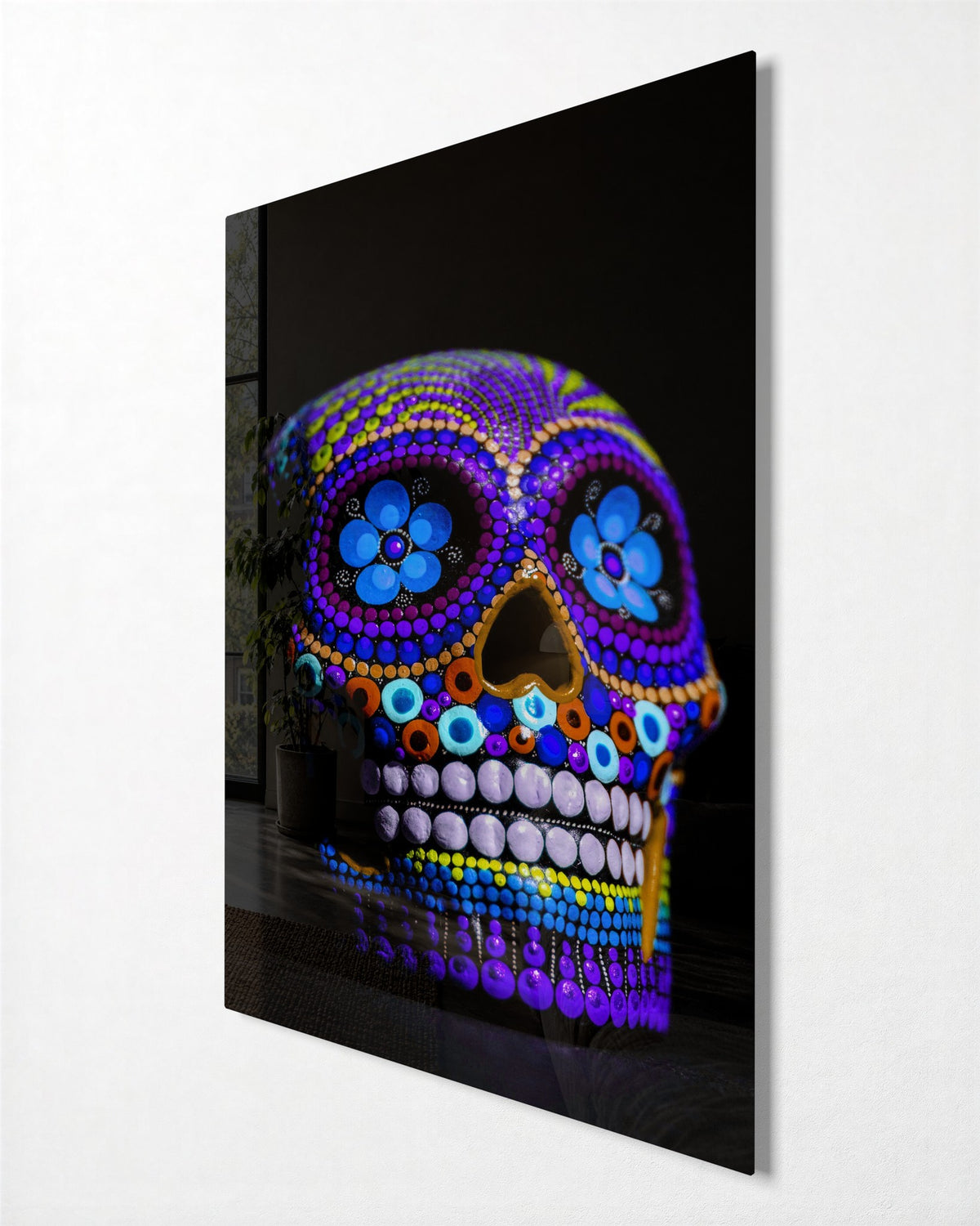 Beaded Sugar Skull glass wall art, side view