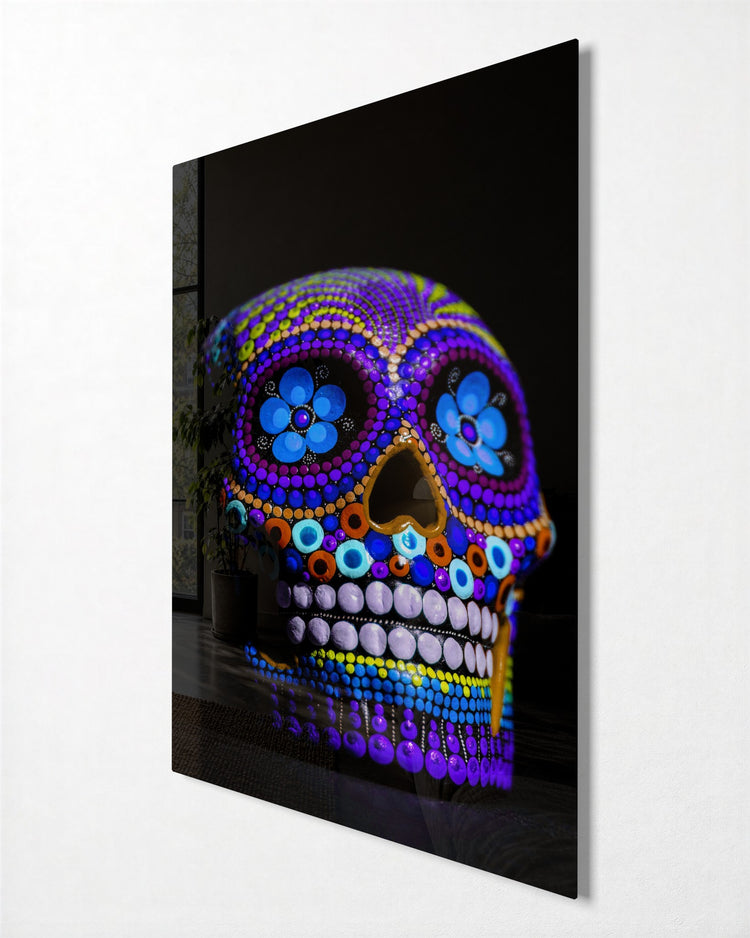Beaded Sugar Skull glass wall art, side view